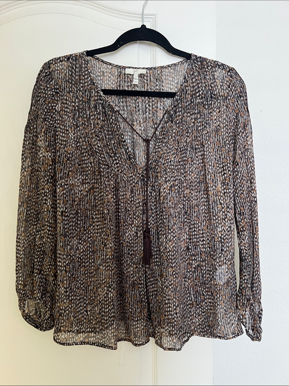 Joie Brown Multi-Print Long-Sleeve Peasant Blouse